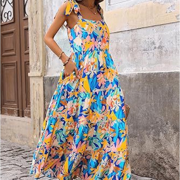 Dresses & Skirts - Blue and Yellow Tiered Ruffled Midi Skirt